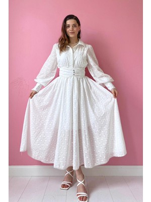 Elbee Ekru Brode Kemerli Fisto Elbise