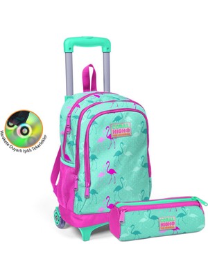 Coral High Kids Su Yeşili Neon Pembe Flamingo Desenli Çekçekli Çanta Seti (Çanta-Kalemlik)