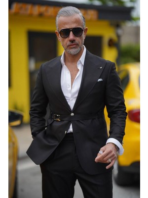 Fc Plus SİVRİ YAKA KEMERLİ AKSESUARLI 2 DÜĞME SİYAH TAKIM ELBİSE