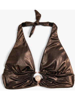 Koton Bralet Bikini Üstü Halter Yaka Metal Aksesuar Detaylı Jakarlı