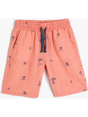Koton Desenli Keten Chino Şort Erkek Çocuk Beli Bağlamalı Lastikli Cepli