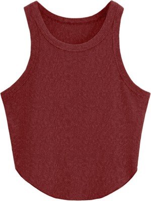 Liona Kadın Oval Etekli Melanj Bordo Renk Bisiklet Yaka Crop Top Bluz