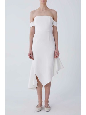 ROMAN Düşük Kol Etek Ucu Volanlı Abiye Elbise Kemik Y2111524_019