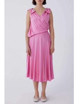 ROMAN Askılı Kurdele Detaylı Saten Uzun Elbise Pembe Y2111519_038