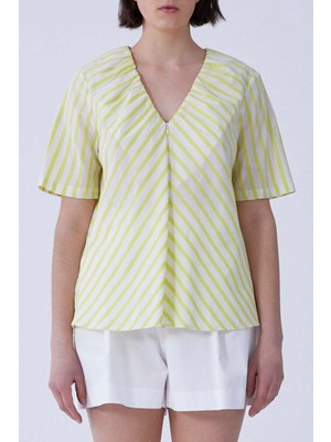 ROMAN V Yaka Kısa Kol Sarı Çizgili Bluz Sarı-Beyaz Y2113053_89844