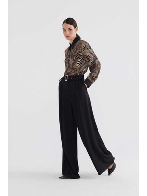 ROMAN Kemerli Bol Kesim  Kadın Pantolon Siyah K2312058_001