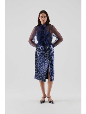 ROMAN Payetli Çiçek Desenli Diz Altı Etek Lacivert K2315089_015