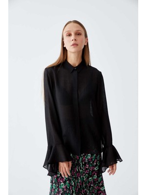 ROMAN İpek ve Yün Karışımlı Manşet Detaylı Gömlek Siyah K2213512_001