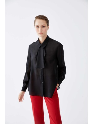 ROMAN İpek ve Yün Karışımlı Yakası Volanlı Gömlek Siyah K2213525_001