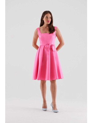 ROMAN Saten Kare Yaka Fiyonk Detaylı Elbise Pembe K2311531_038