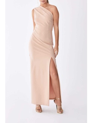 ROMAN Tek Omuz Yırtmaç Detaylı  Abiye Elbise Pudra Y2111314_055