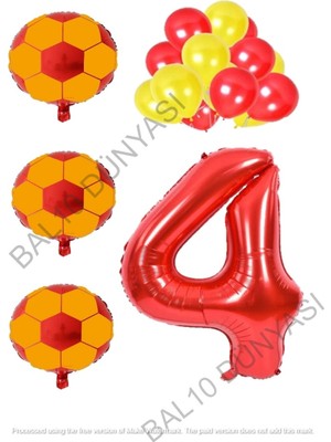 Bal10 Dünyası Sarı Kırmızı Futbol Topu Folyo ve Latex Balon Rakam Seti Yaş 4