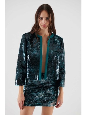 ROMAN Payetli Yakasız  Ceket Yeşil K2316080_012