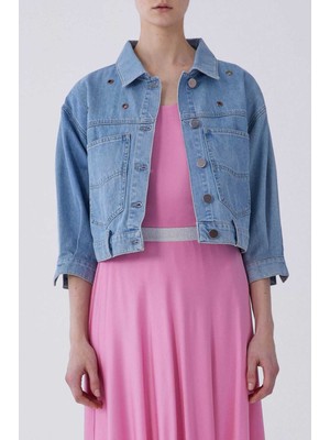 ROMAN Cep Detaylı Metal Baskılı Denim Kadın Ceket Buz Mavisi Y2153904_373