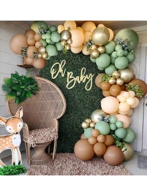 Meri Parti 60 Adet Küf Yeşili Karamel Ten Gold Krom Konsept Balon ve Balon Zinciri