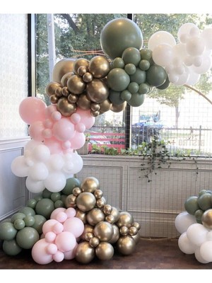 Meri Parti Küf Yeşili Pembe Beyaz Krom Gold Balon ve Balon Zinciri