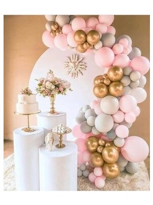 Meri Parti  Gold Krom Makarom Pembe Pastel Gri Renklerinde Balon ve Balon Zincir