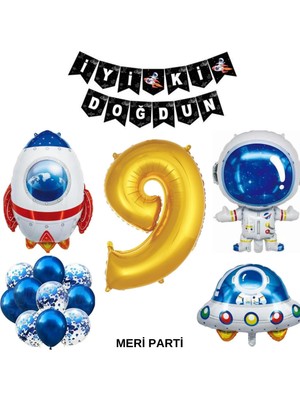 Meri Parti Gold Yaş Sayı Balon Uzay Folyo Balon ve Banner Set Parti Setleri Uzay Temalı Doğum Günü