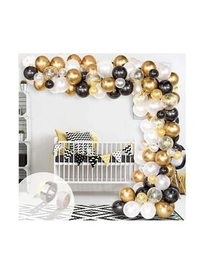 Meri Parti Siyah Beyaz Gold Krom Konfetili Balon Zincir Seti
