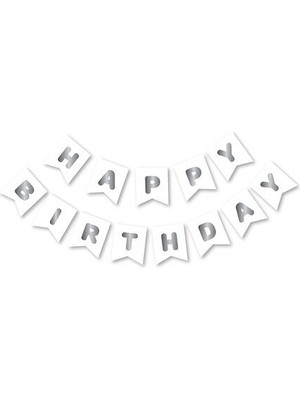 Meri Parti Beyaz Gümüş Happy Bırthday Yaldızlı Banner