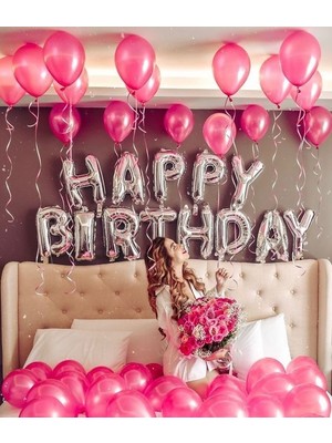 Meri Parti Happy Bırthday Folyo Balon Set ve 50 Adet Fuşya Metalik Balon Set