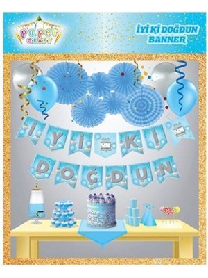 Meri Parti Iyi Ki Doğdun Mavi Üzeri Gümüş Baskılı Balonlu Zig Zag Banner Yazı