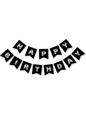 Meri Parti Siyah Gümüş Happy Bırthday Yaldızlı Banner