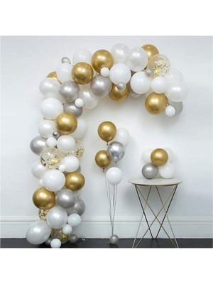 Meri Parti Beyaz Gümüş Gold Konfetili Balon Zincir Seti