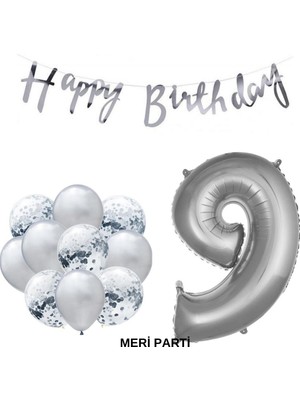 Meri Parti Happy Bırthday Doğum Günü Parti Set Gümüş Yaş Balon Şeffaf Gümüş Metalik Lateks Balon Set Parti Set
