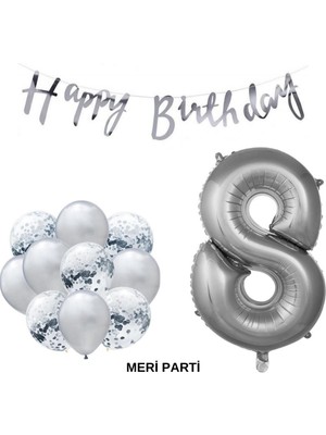 Meri Parti Happy Bırthday Doğum Günü Parti Set Gümüş Yaş Balon Şeffaf Gümüş Metalik Lateks Balon Set Parti Set