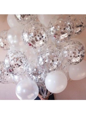Meri Parti 10 Adet Beyaz Balon 10 Adet Şeffaf Balon 1 Paket Şeffaf Balon Içi Konfetisi Gümüş