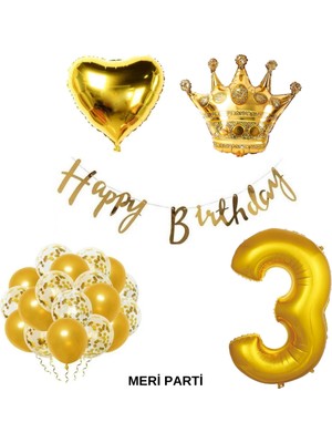 Meri Parti Gold Temalı Happy Bırthday Doğum Günü Set Yaş Balonu Kral Taç Balon Kalp Balon Lateks Balon Set