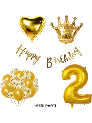 Meri Parti Gold Temalı Happy Bırthday Doğum Günü Set Yaş Balonu Kral Taç Balon Kalp Balon Lateks Balon Set