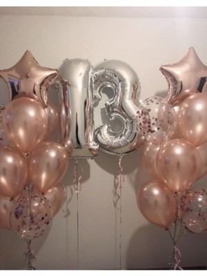 İkm Balon 13 Yaş Rakam Gümüş Balon ve 2 Gümüş Yıldız 18BALON Şeffaf Konfetili Gold Rose