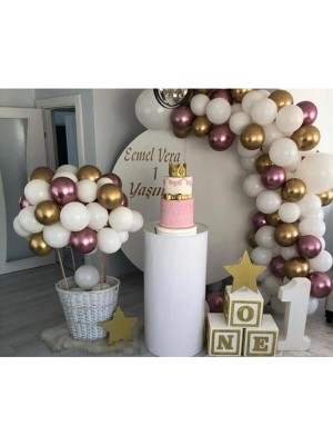 Meri Parti Doğum Günü Krom Pembe Krom Gold Pastel Beyaz Balon ve Balon Zinciri Set