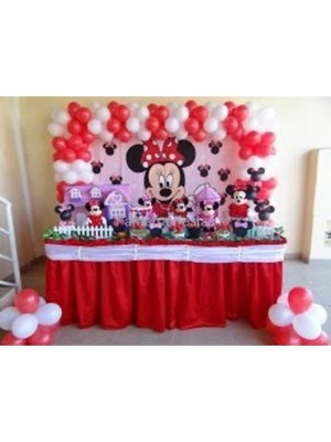 Meri Parti 100 Adet Kırmızı-Beyaz Metalik Balon ve Balon Zinciri Minnie Mouse Konsept Balon Parti Süslemeleri