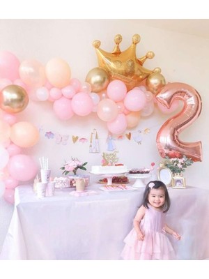 Meri Parti 2 Yaş Doğum Günü  Kral Taç Folyo Balon Set Pembe Rosegold Lateks Balon Doğum Günü Set