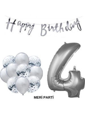 Meri Parti Happy Bırthday Doğum Günü Parti Set Gümüş Yaş Balon Şeffaf Gümüş Metalik Lateks Balon Set Parti Set
