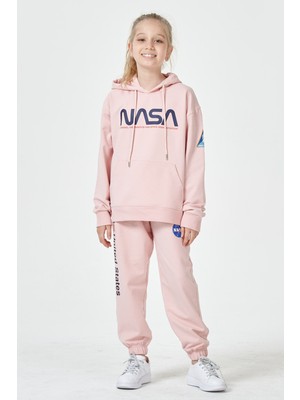 Black One Kız Çocuk Unisex  Nasa Baskı Detaylı Oversize Kapüşonlu Çocuk Eşofman Takımı