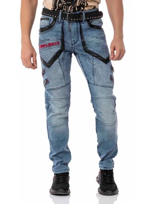 Cipo & Baxx CD795 Biker Jeans Deri Detaylı Mavi Pantolon