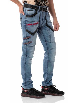 Cipo & Baxx CD795 Biker Jeans Deri Detaylı Mavi Pantolon