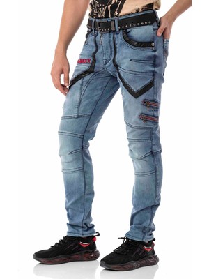 Cipo & Baxx CD795 Biker Jeans Deri Detaylı Mavi Pantolon