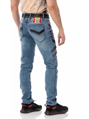 Cipo & Baxx CD795 Biker Jeans Deri Detaylı Mavi Pantolon