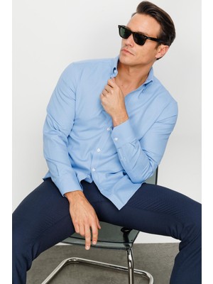 Desen Triko Erkek Düğmeli Yaka %100 Pamuk Regular Orta Kesim Desenli Gömlek Mavi