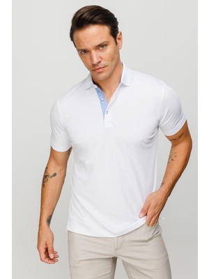 Desen Triko Erkek Polo Yaka T-Shirt Beyaz