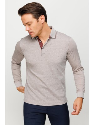 Desen Triko Erkek Polo Yaka Kare Desenli Uzun Kollu Sweatshirt Bej