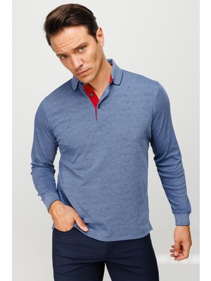 Desen Triko Erkek Polo Yaka Desenli Uzun Kollu Sweatshirt Lacivert