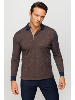 Desen Triko Erkek Polo Yaka Tüy Desenli Sweatshirt Kahve