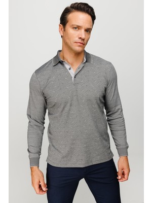 Desen Triko Erkek Polo Yaka Desenli Uzun Kollu Sweatshirt Siyah