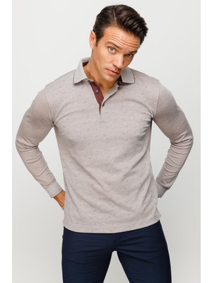 Desen Triko Erkek Polo Yaka Desenli Uzun Kollu Sweatshirt Bej